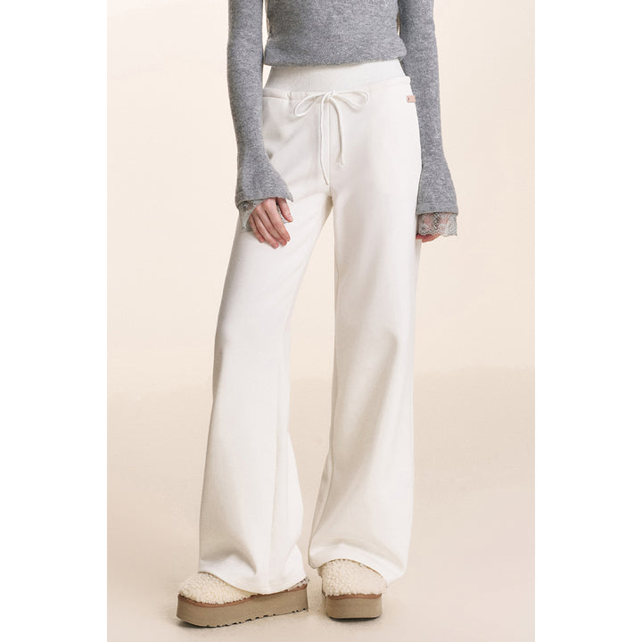 Kroche Drawstring High Waist Wide-Leg Casual Pants White