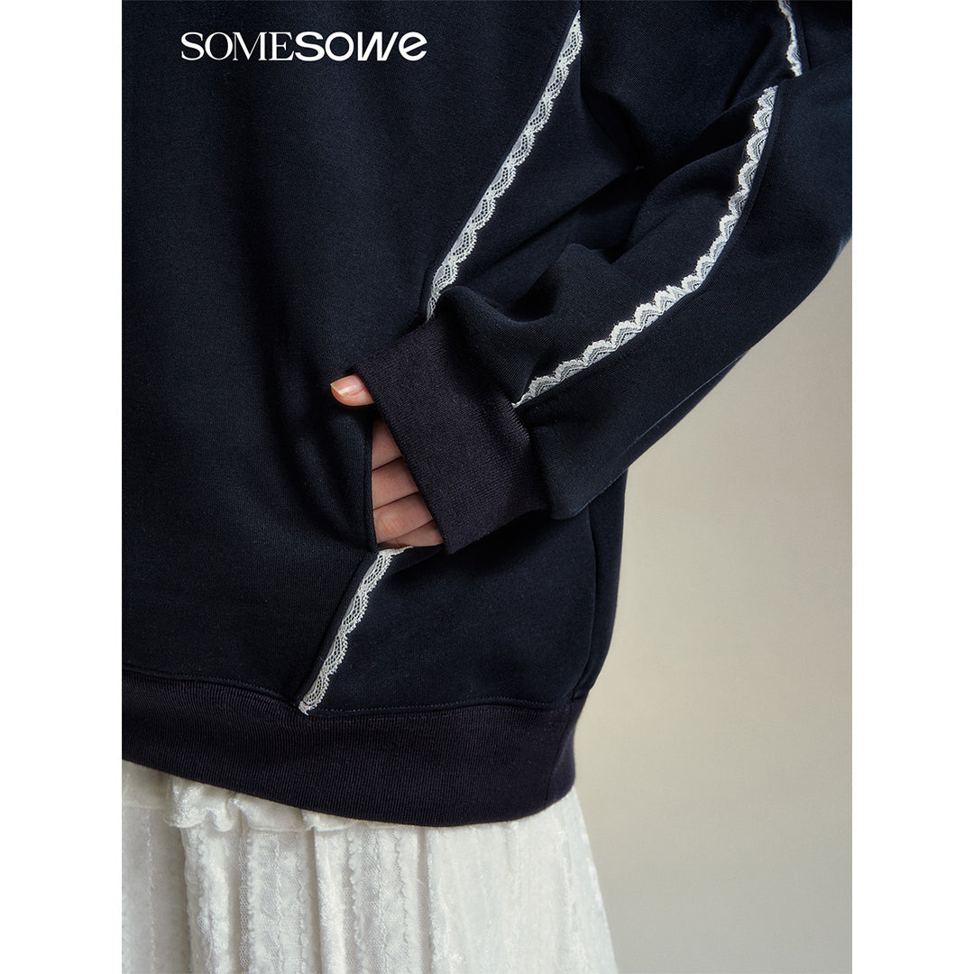 SomeSowe Lace Badge V-Neck Sweatshirt Navy Blue