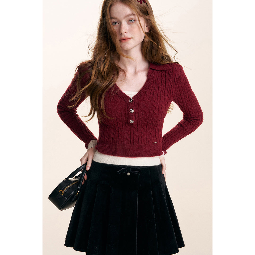 Kroche Fake-2-Piece Lapel V-Neck Knit Top Red