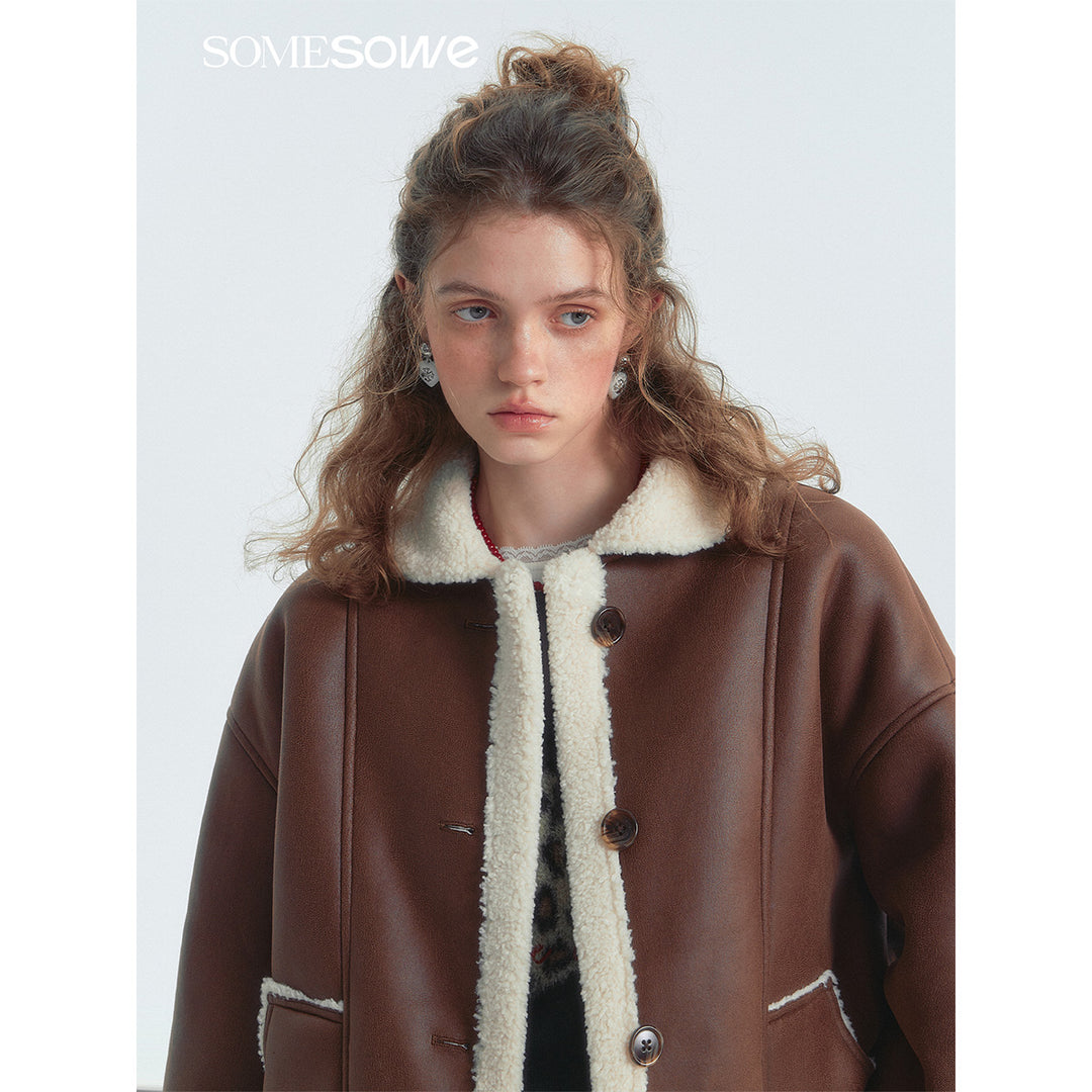 SomeSowe Lapel Leather Integrated Furry Short Jacket Brown