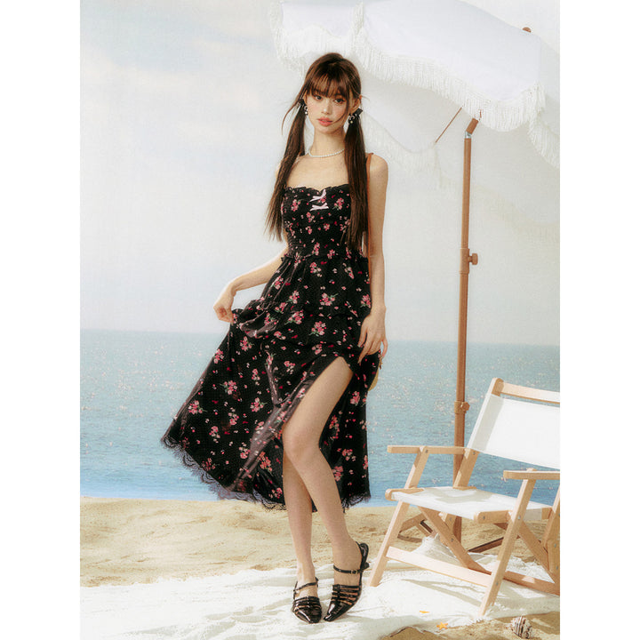 AsGony Lace Patchwork Floral Slip Long Dress Black