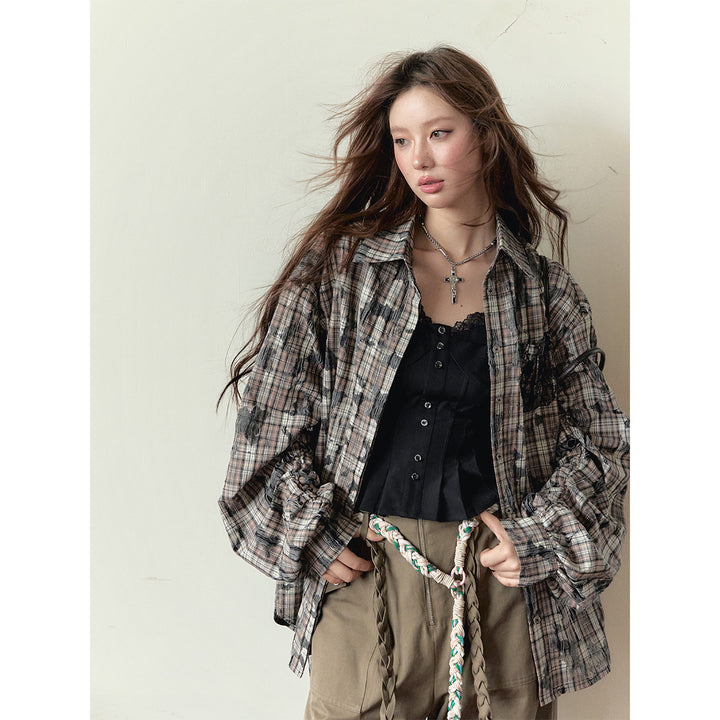 Via Pitti Heavy Plaid Patchwork Loose Shirt Khaki