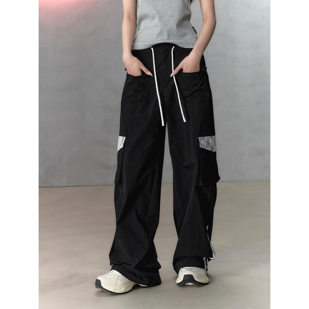 Via Pitti Lace Patchwork Large Pockets Cargo Pants