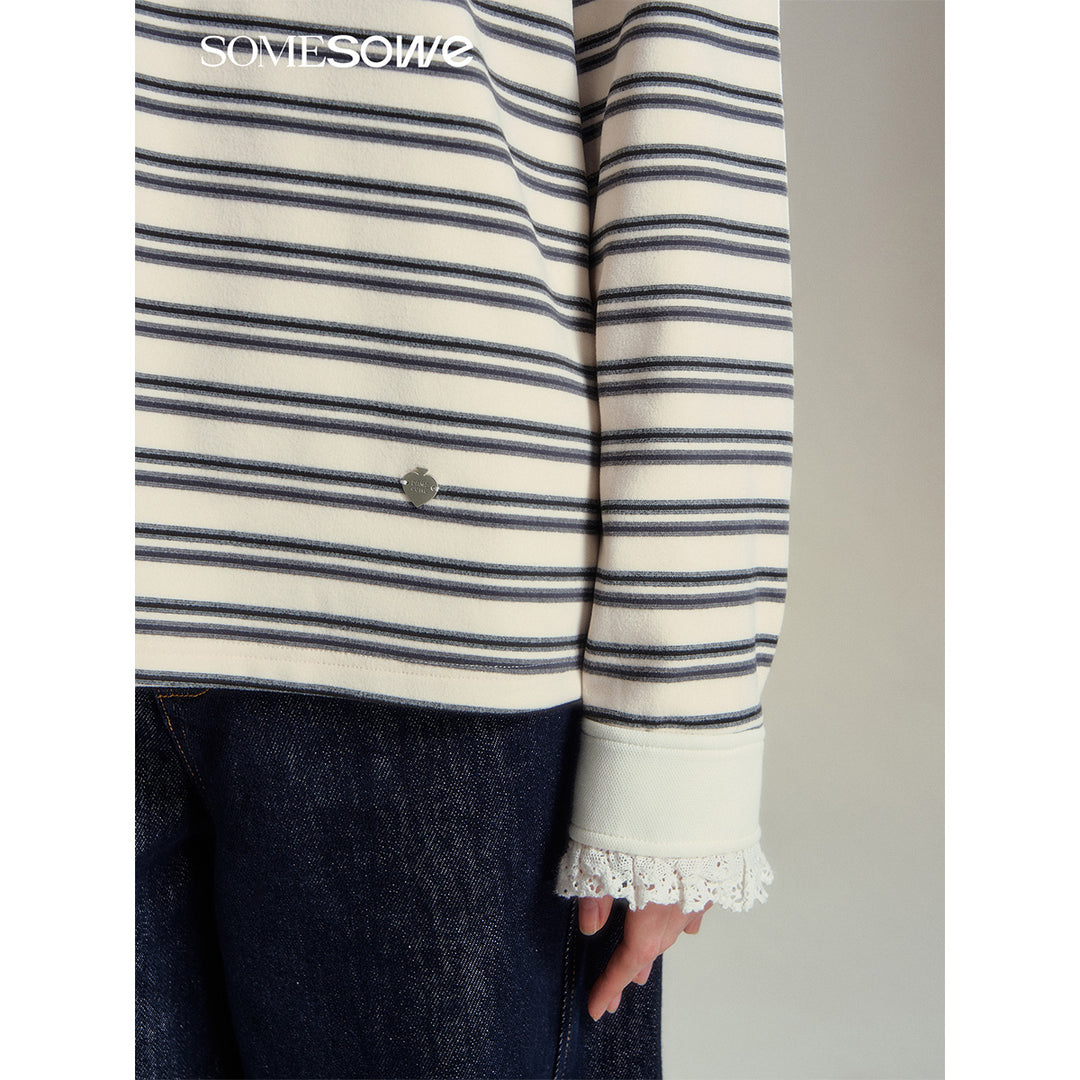 SomeSowe Lace Edge Striped Long Sleeve Polo Top Black/White