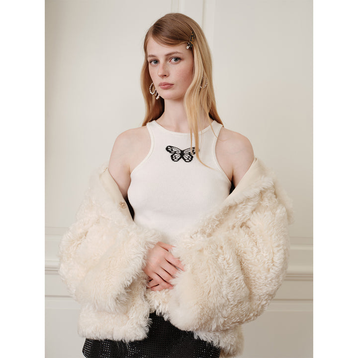 Rocha Roma Big Lapel Woolen Fur Jacket Beige