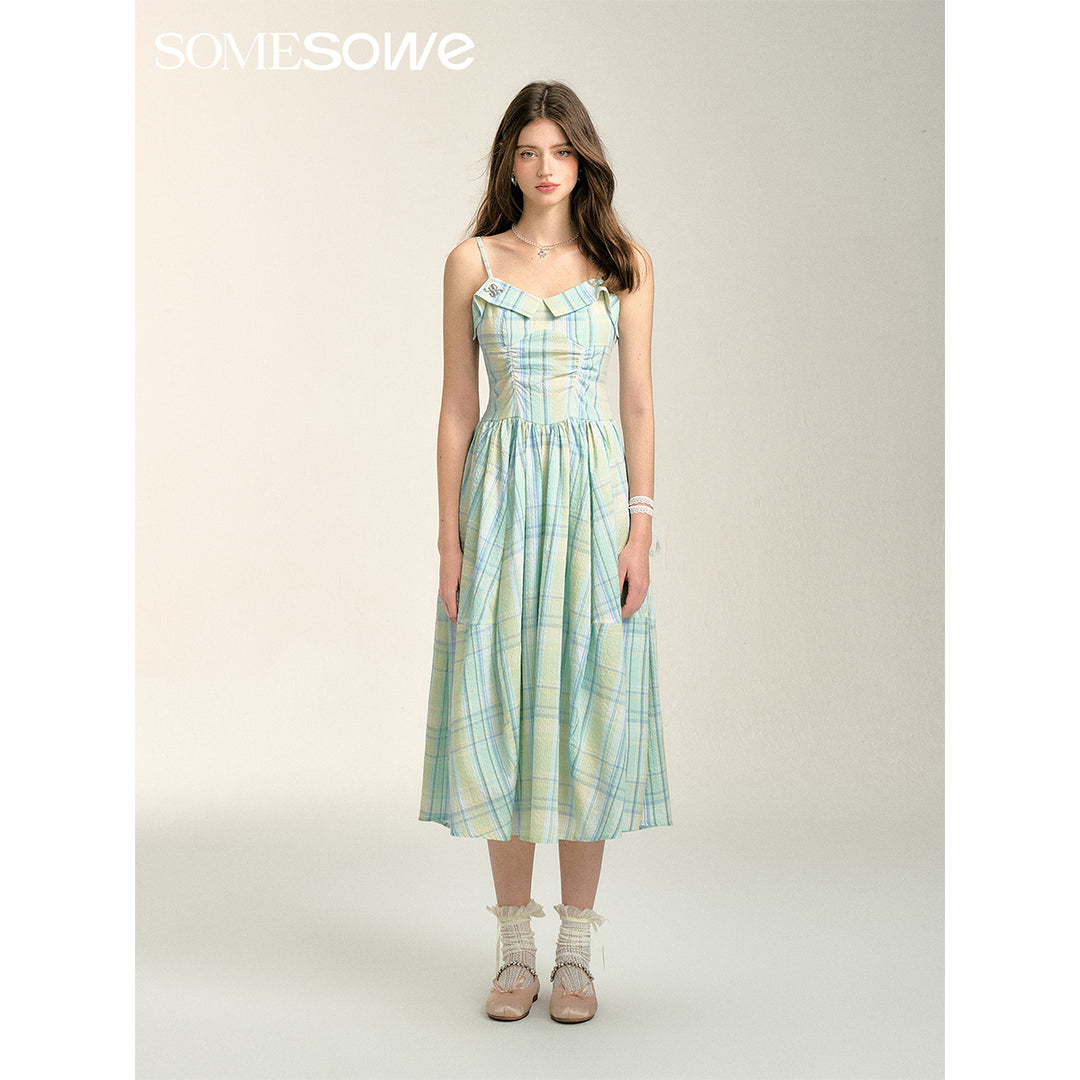 SomeSowe Pleated Checked Long Slip Dress Green