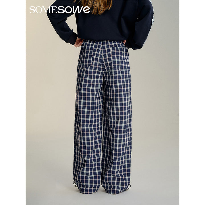 SomeSowe Drawstring Plaid Wide-Leg Pants Blue