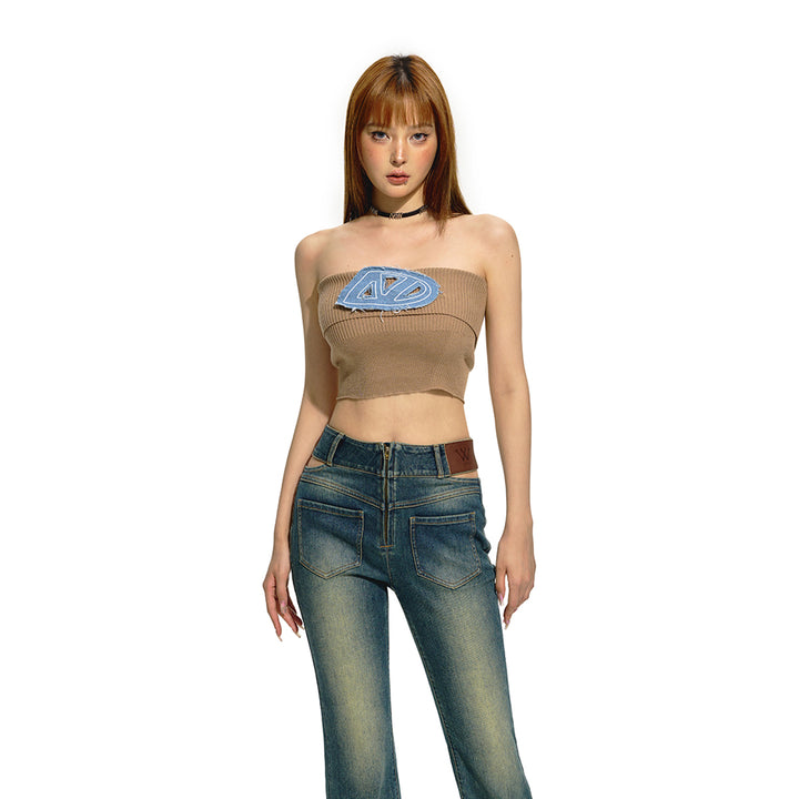 NAWS Embroidered Denim Logo Knit Tube Top Vest Brown