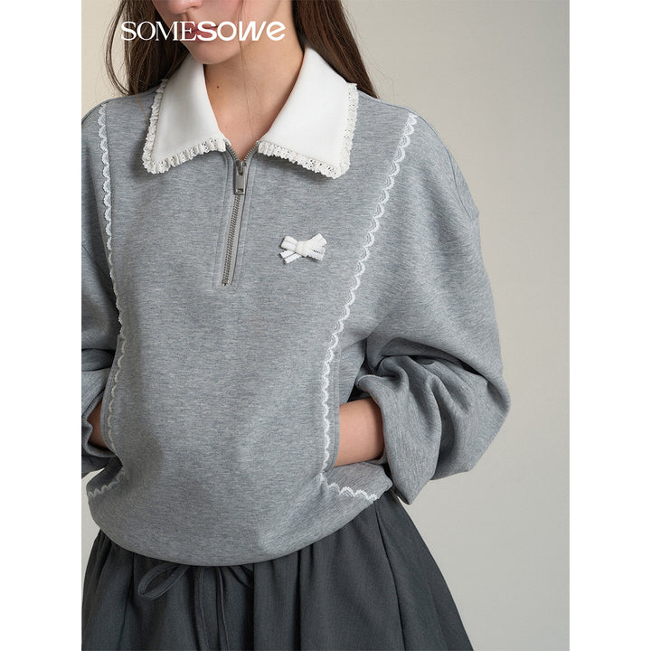 SomeSowe Contrast Color Lace Edge Polo Sweatshirt Gray