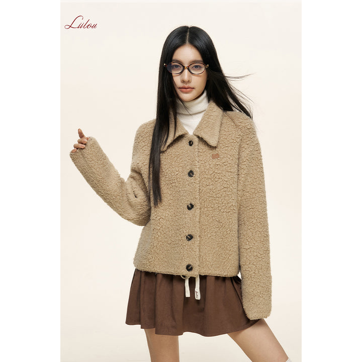 Liilou Loop Woolen Lapel Fleece Cardigan Khaki