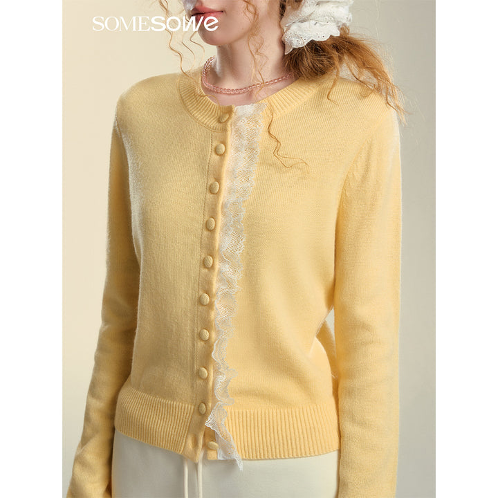 SomeSowe Lace Edge Round-Neck Knit Cardigan Yellow