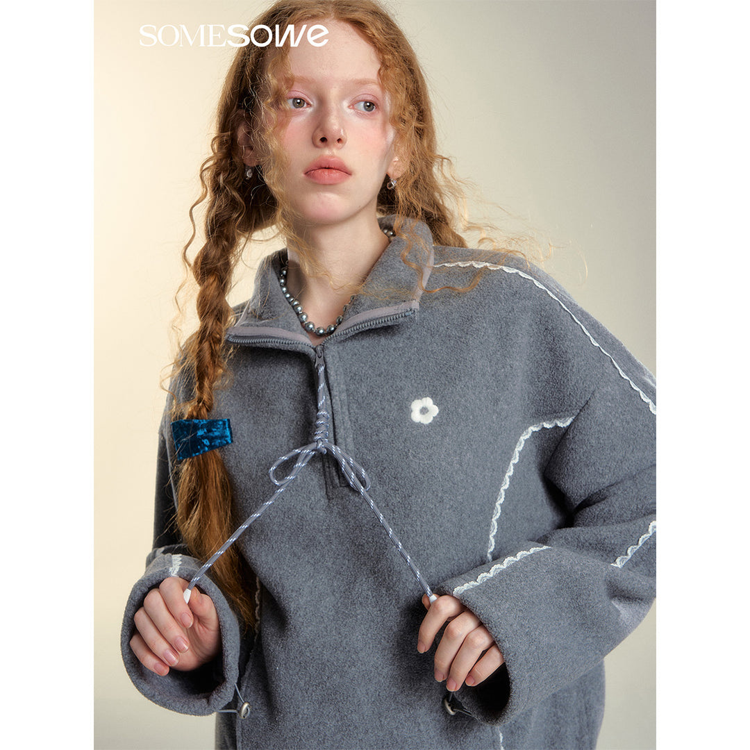 SomeSowe Lace Patchwork Fleece Sweatshirt Gray