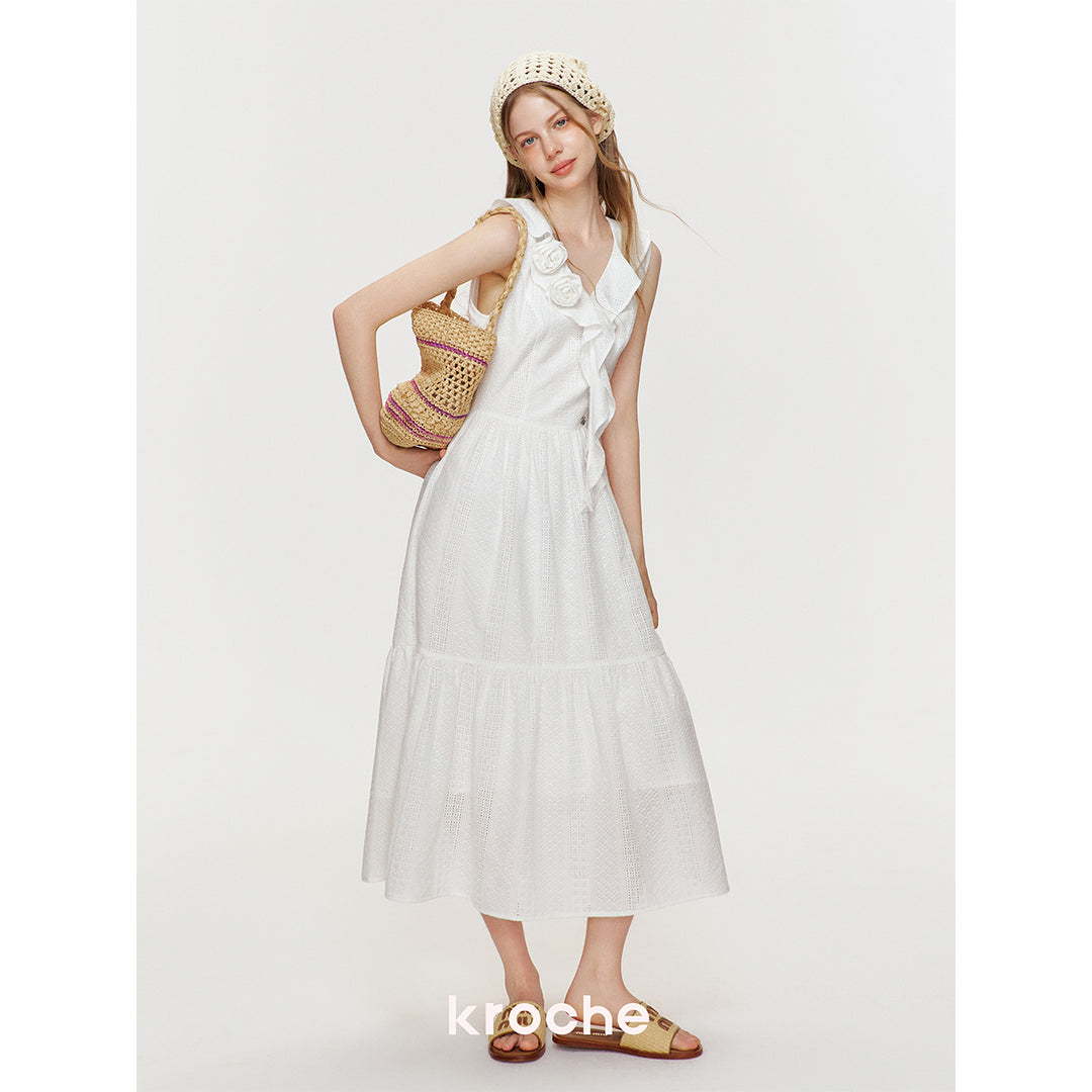 Kroche Ruffled Rose Pin Hollow Out Lace Dress White