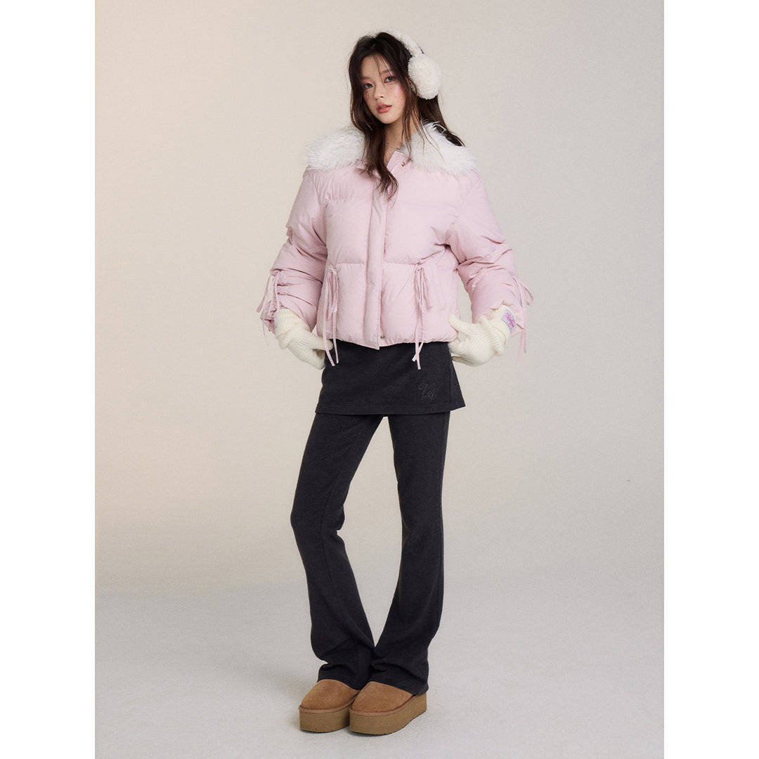 Via Pitti Bow Drawstring Fur Collar Down Jacket Light Pink