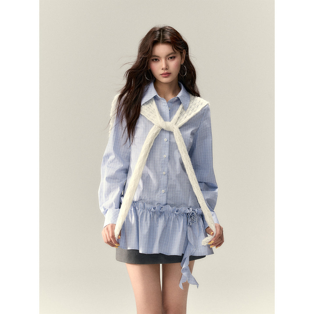 Via Pitti Rose Brooch Detachable Two-Way Shirt Dress Blue