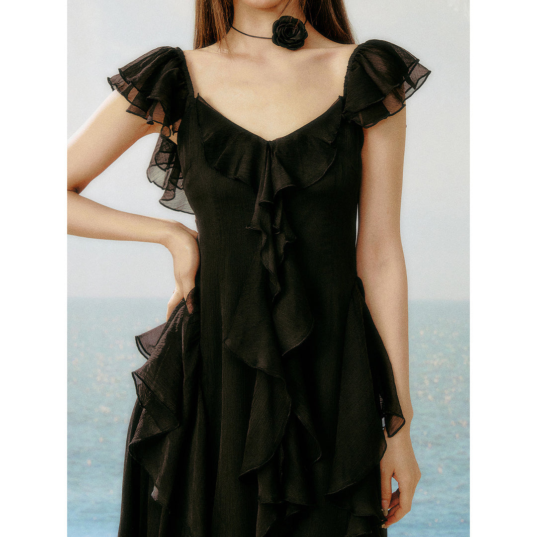 AsGony Ruffled Patchwork Slip Long Dress Black