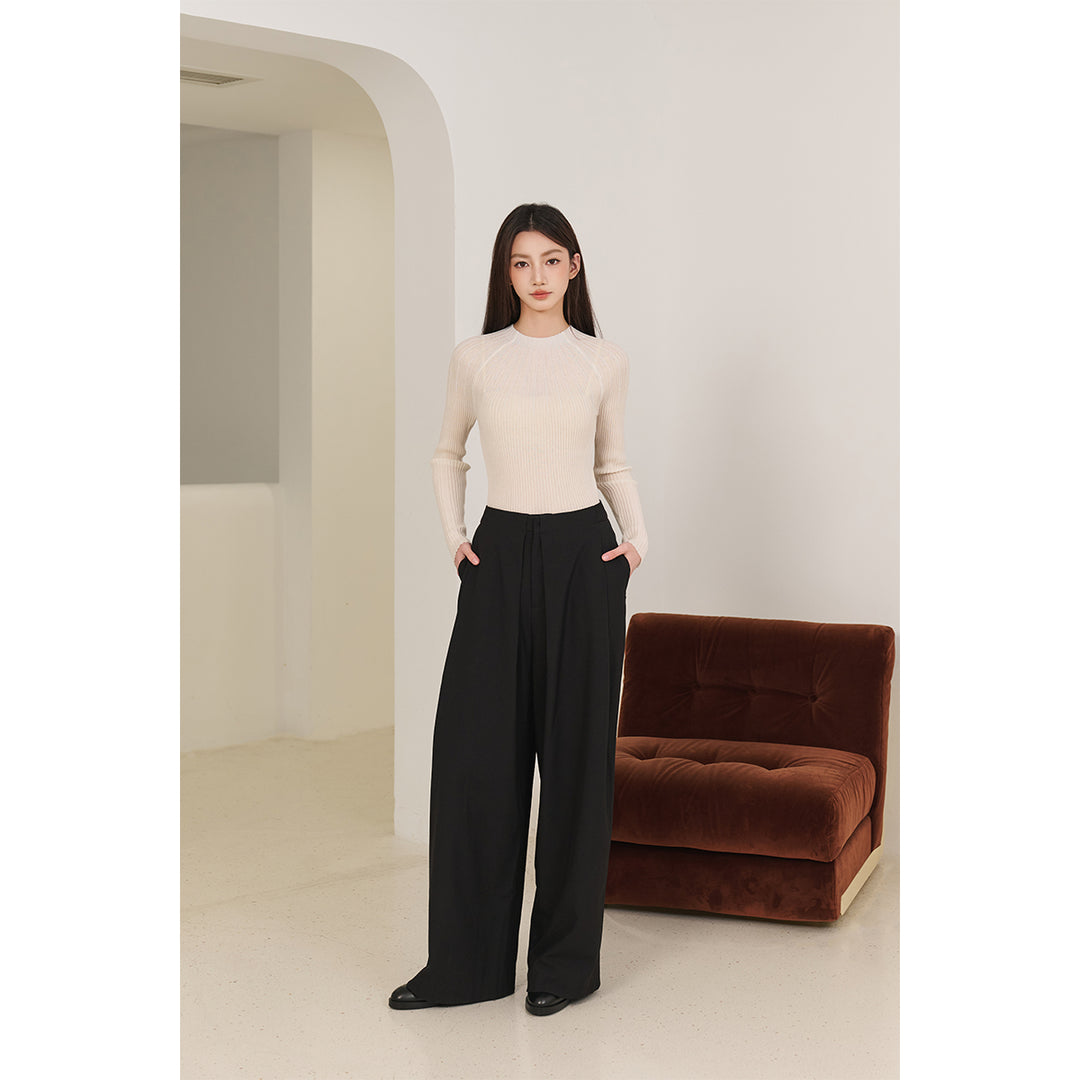 Three Quarters Wrinkled Wide-Leg Suit Pants Black