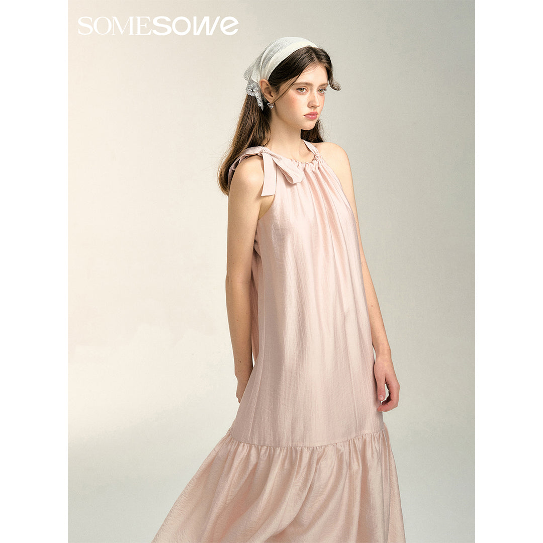 SomeSowe Bow Lace Up Halter Long Dress Pink