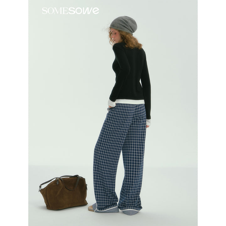 SomeSowe Plaid Drawstring Wide-Leg Pants Blue