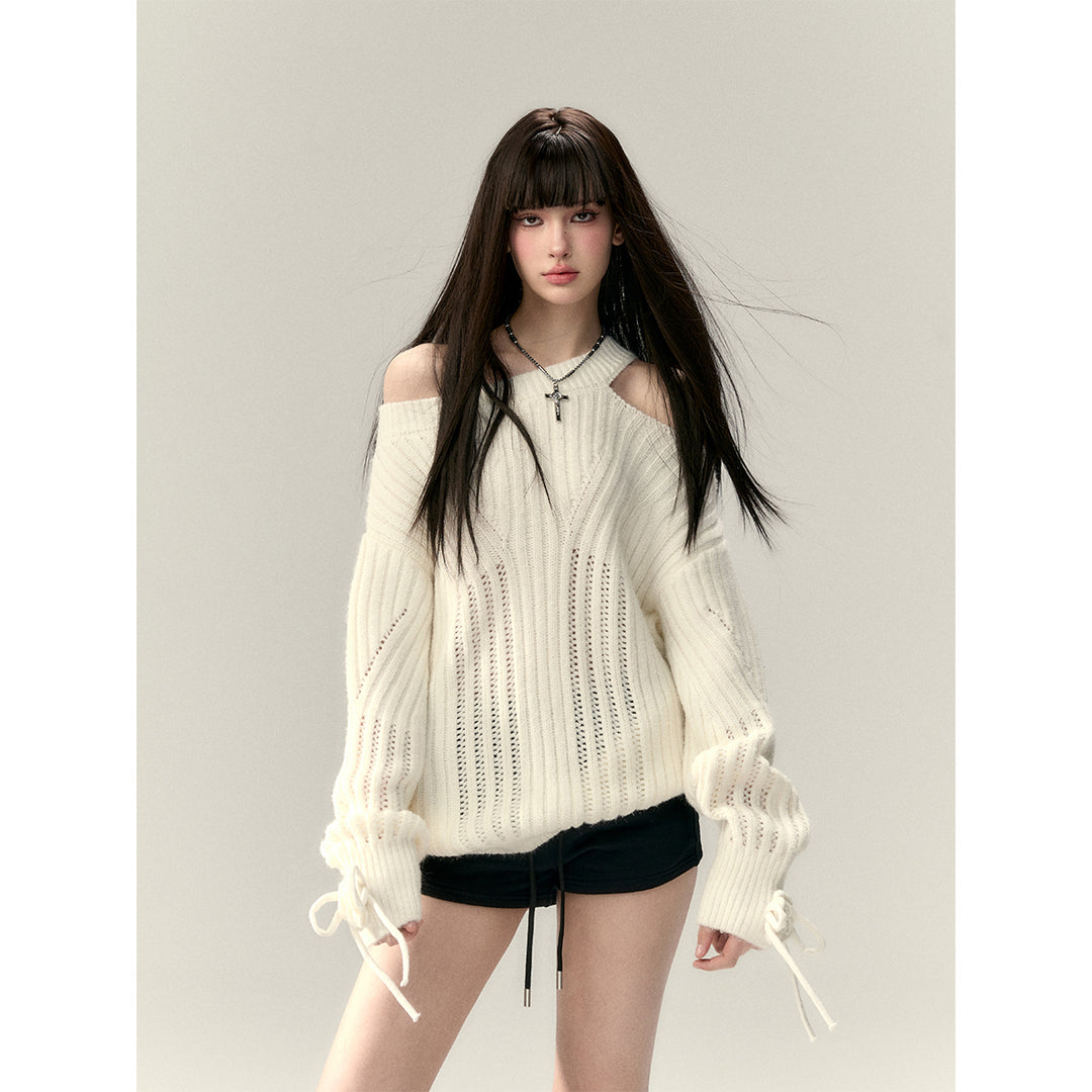 Via Pitti Rose Bow Irregular Collar Two-Way Sweater White