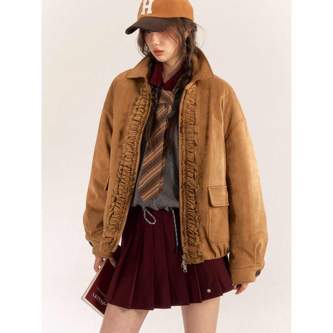 AsGony Lace Stringy Suede Down Jacket Brown