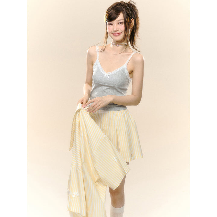 AsGony Bow Knot Lace Edge Patchwork Slip Vest Gray