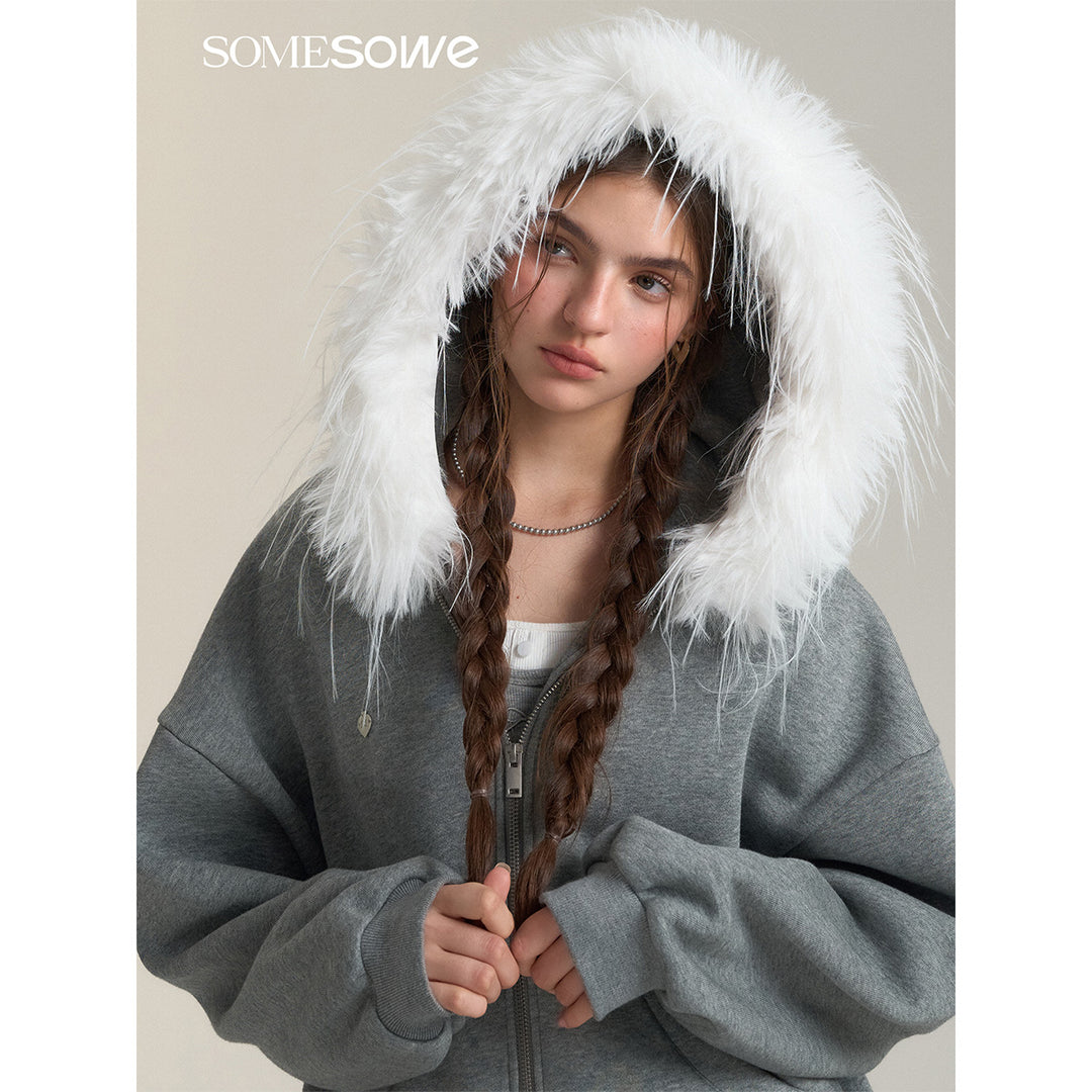 SomeSowe Detachable Fur Collar Hooded Top Jacket Gray