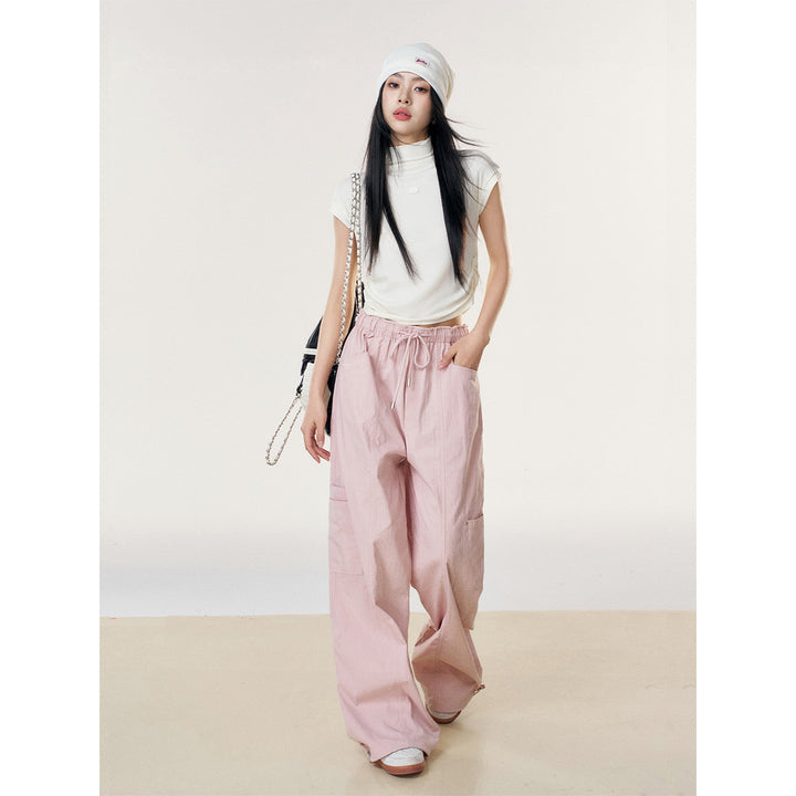 Liilou Drawstring Lace-Up Wide-Leg Cargo Pants Pink