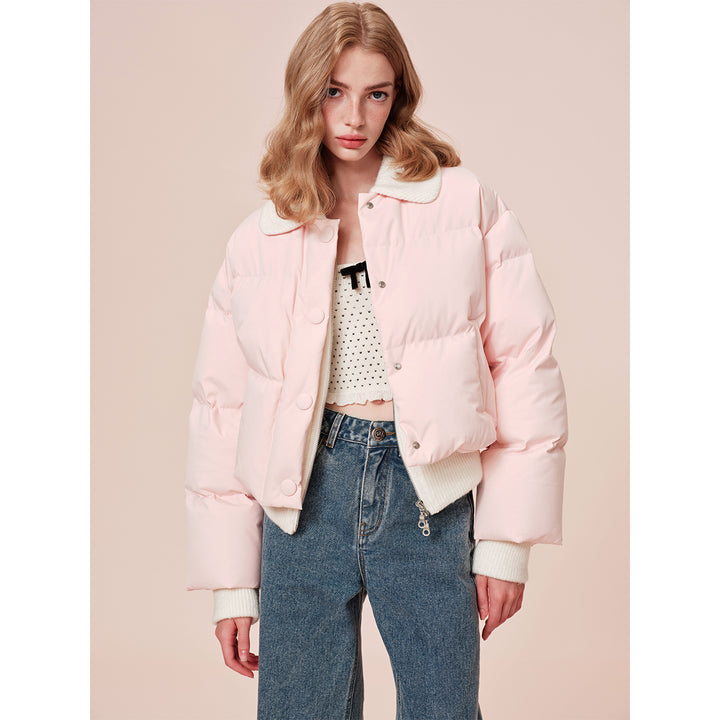 Rocha Roma Patchwork Knit Lapel Short Down Jacket Pink