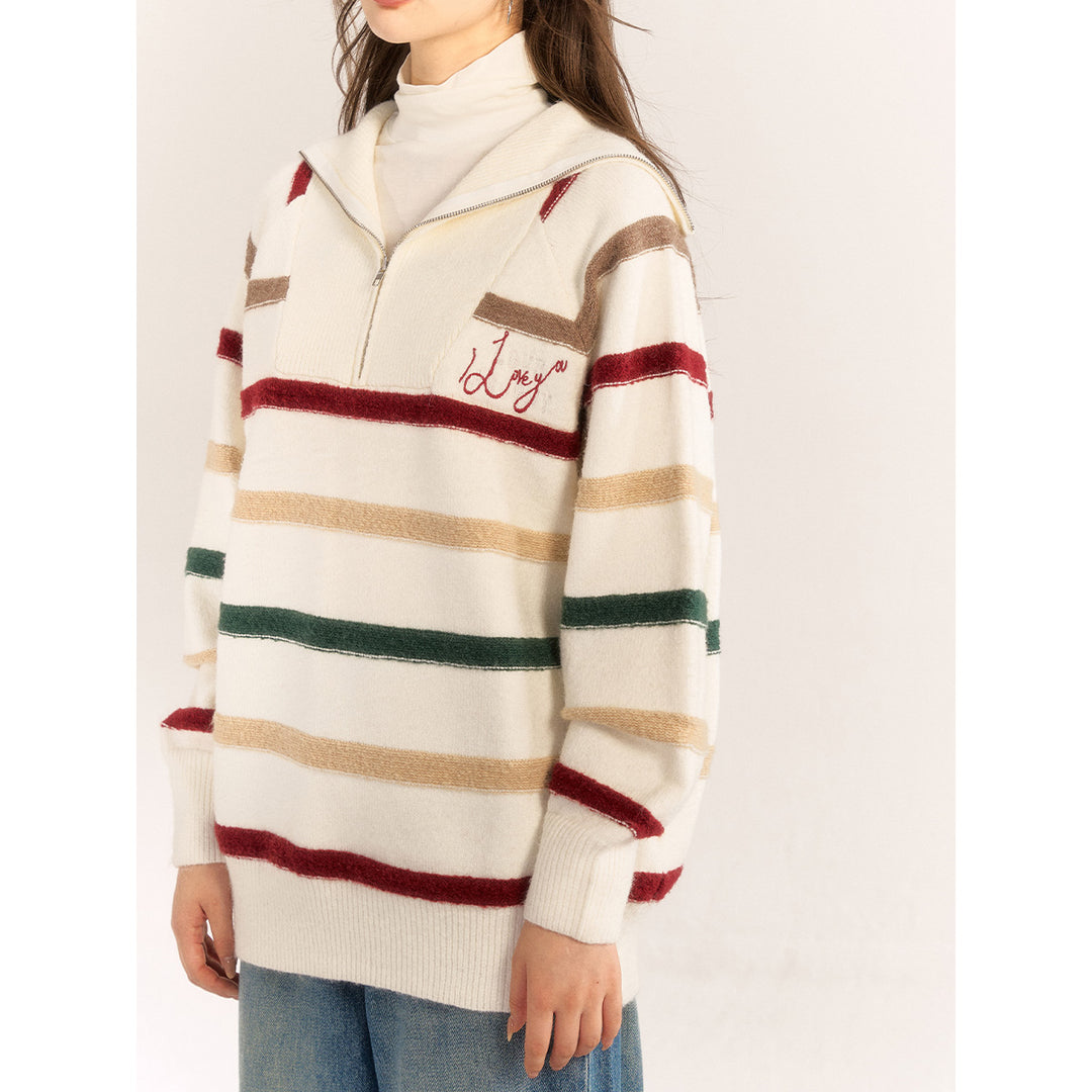 AsGony Contrast Color Striped Half-Zipped Woolen Knit Top