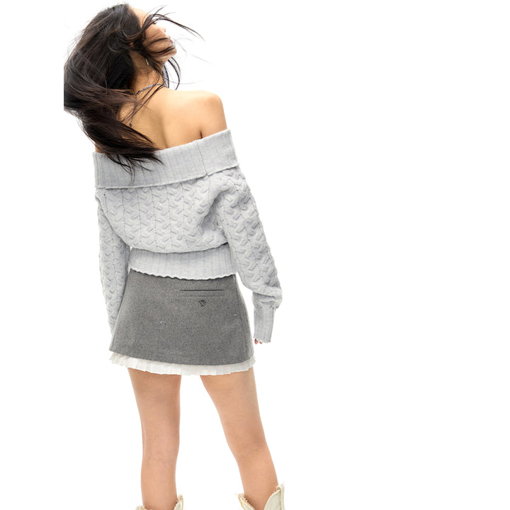 NotAwear Detachable Belt Off-Shoulder Knit Top Grey - Mores Studio