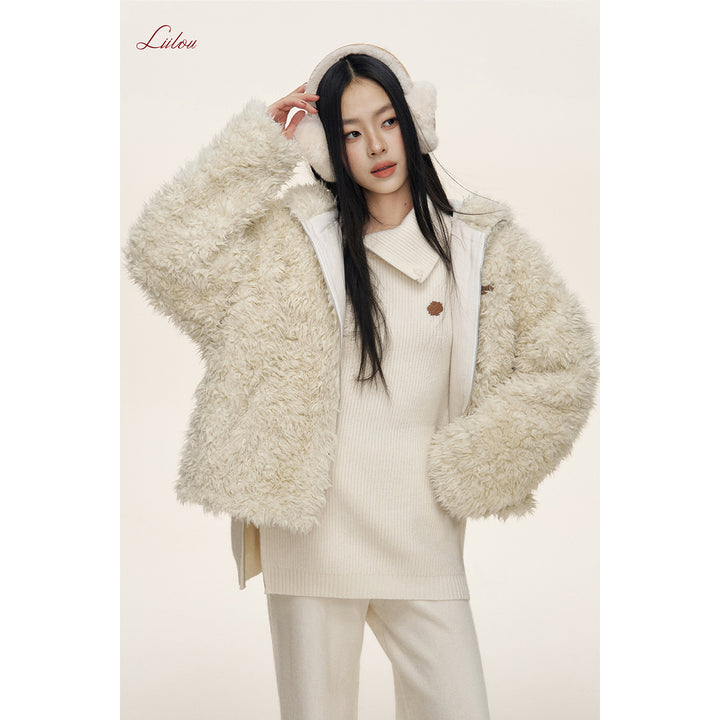 Liilou Fur Integrated Curly-Fur Hooded Woolen Fleece Jacket