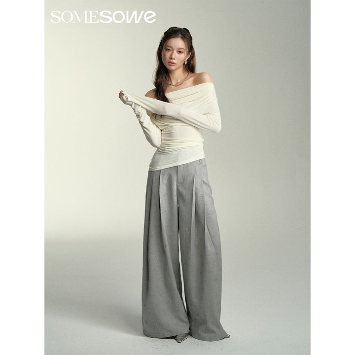 SomeSowe Floral Embossed High-Waisted Wide-Leg Pants Grey