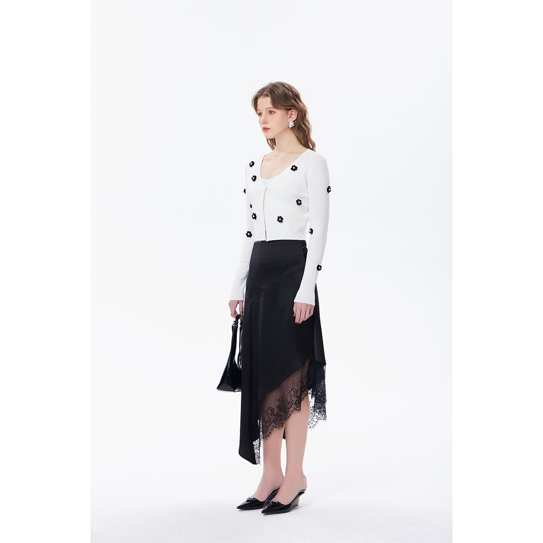 Three Quarters Lace Patchwork Irregular Long Skirt Black
