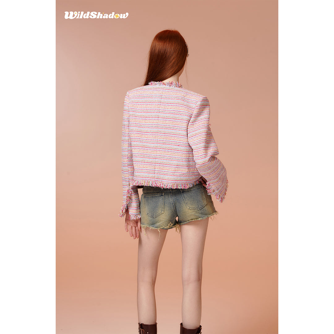 Wildshadow Tassel Colorful Striped Tweed Jacket Pink - Mores Studio