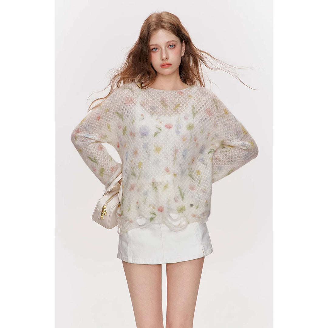 Kroche Hand-Drawn Floral Mohair Destroyed Knit Top