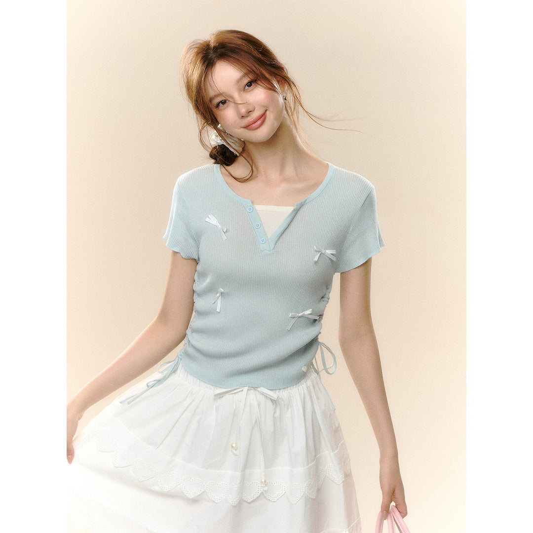 AsGony Fake-2-Piece Bow Tie Drawstring Knit Top Blue