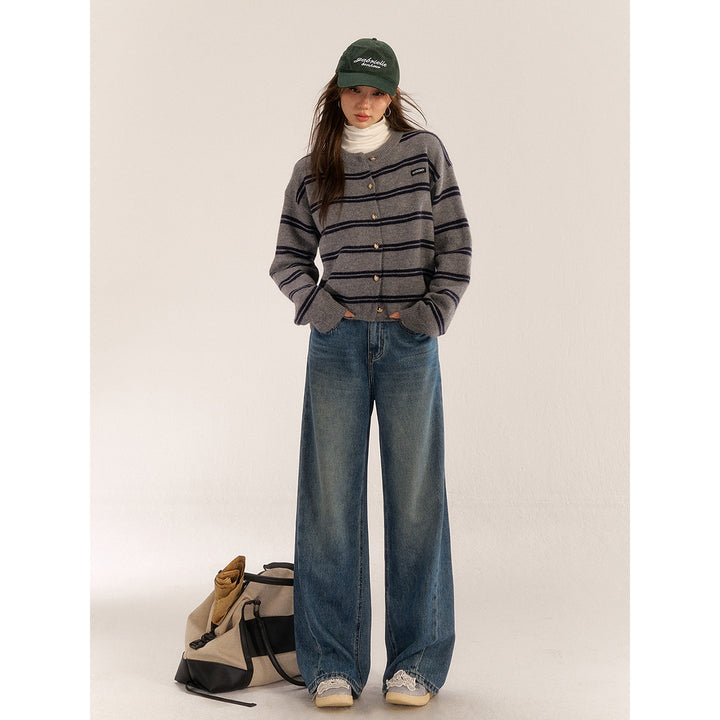 AsGony High Waist Wide-Leg Washed Casual Jeans