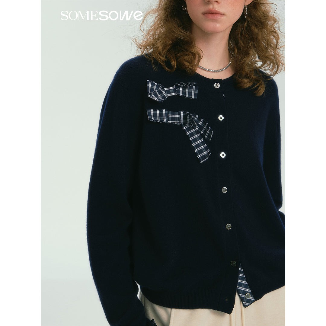 SomeSowe 3D Bow Plaid Knit Cardigan Navy Blue