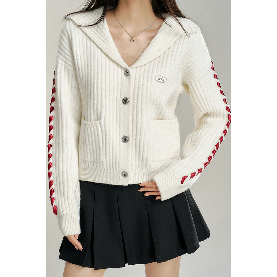 MacyMccoy Big Lapel Ribbon Knit Cardigan White