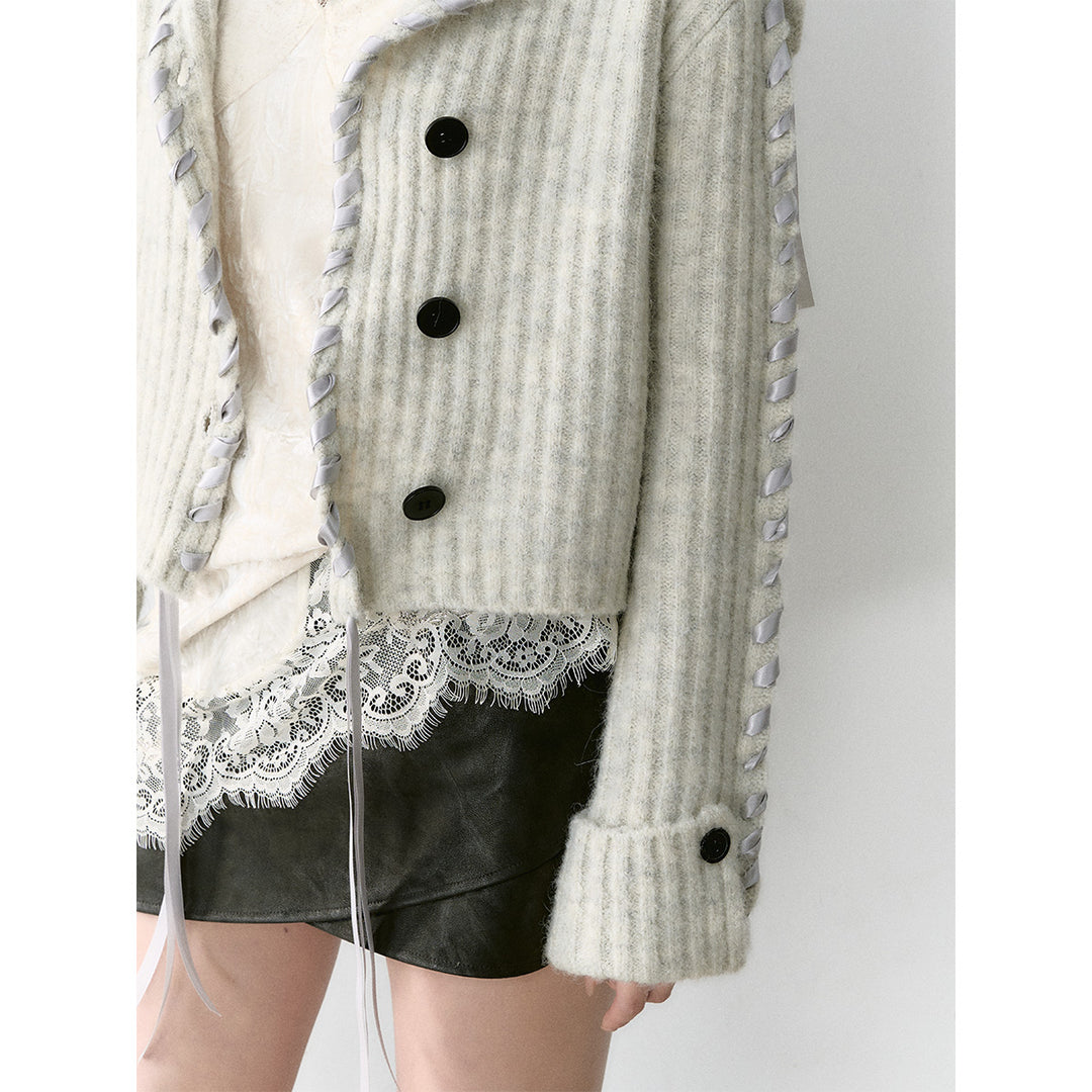 Via Pitti Heavy Big Lapel Ribbon Knit Cardigan Light Gray