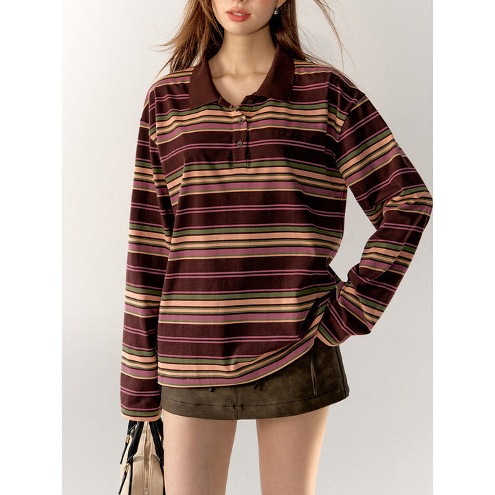 AsGony Striped Lapel Casual L/S T-Shirt Purple