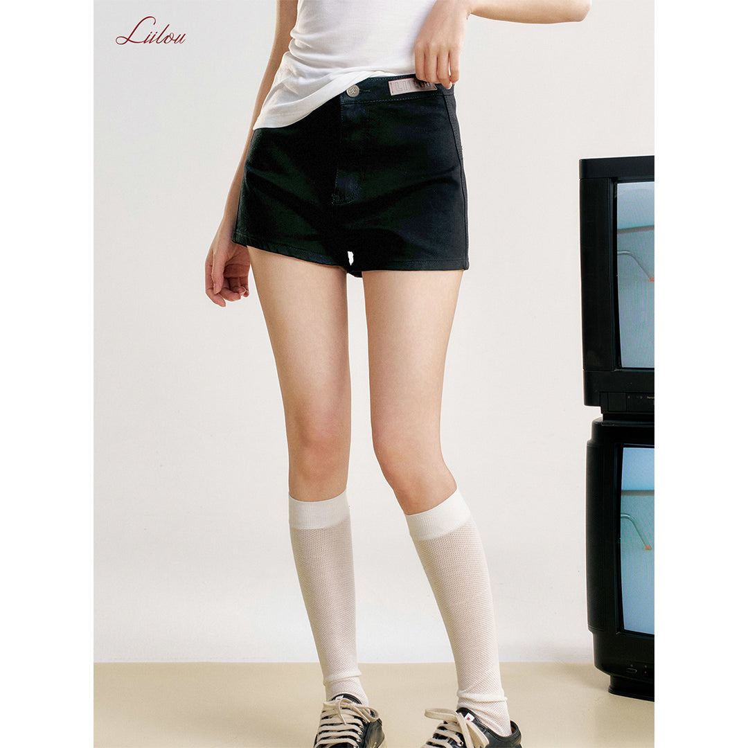 Liilou Retro High Waist A-Line Denim Shorts Black