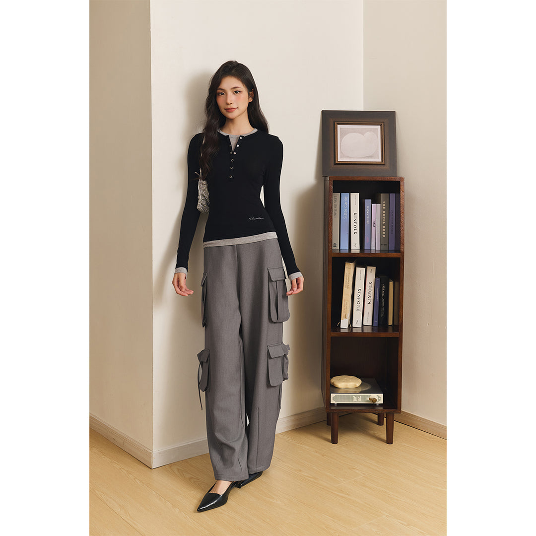 Three Quarters Loose Wide-Leg Cargo Pants Gray