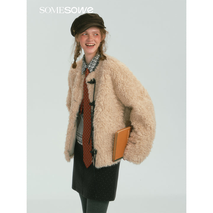 SomeSowe Tassel Horn Button Furry Jacket Beige