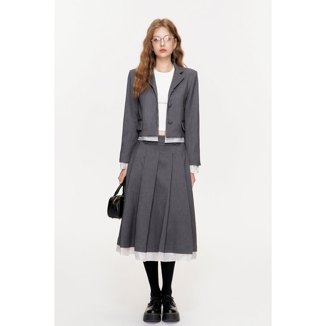 Kroche Striped Patchwork Pleated Long Skirt Gray