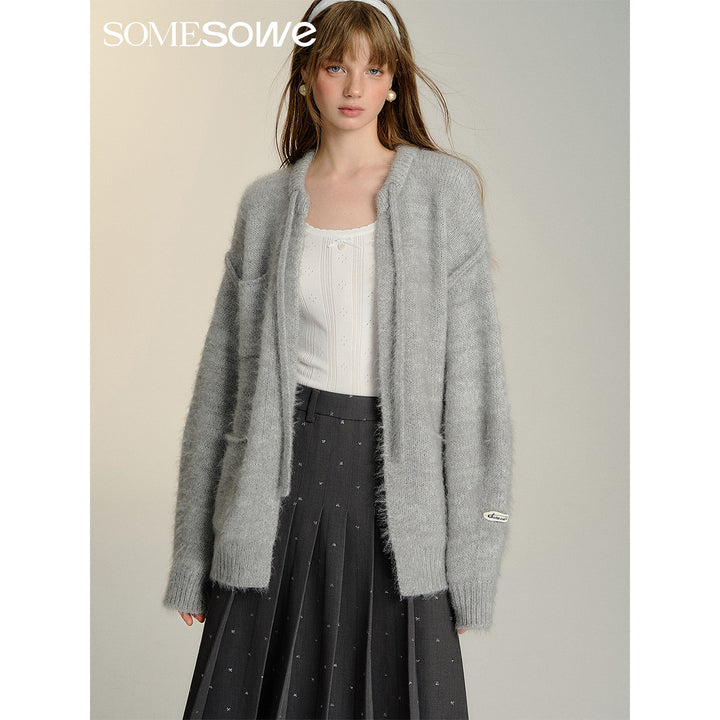 SomeSowe Silhouette Lace Up Furry Cardigan Gray