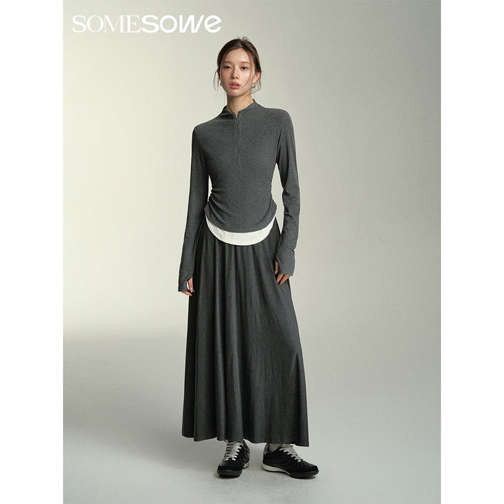 SomeSowe Wide A-Line Pleated Long Skirt Gray