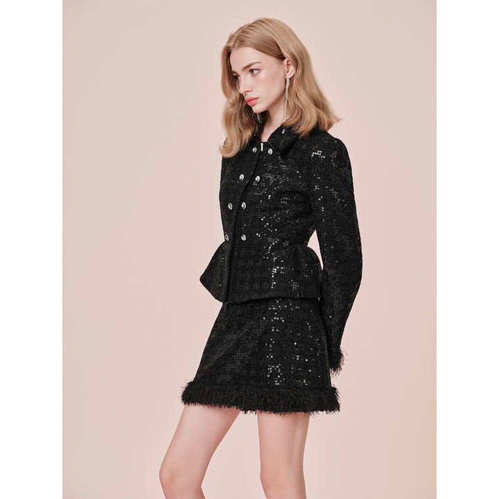 Rocha Roma Sequin Tweed Fluffy Edge Skirt Black