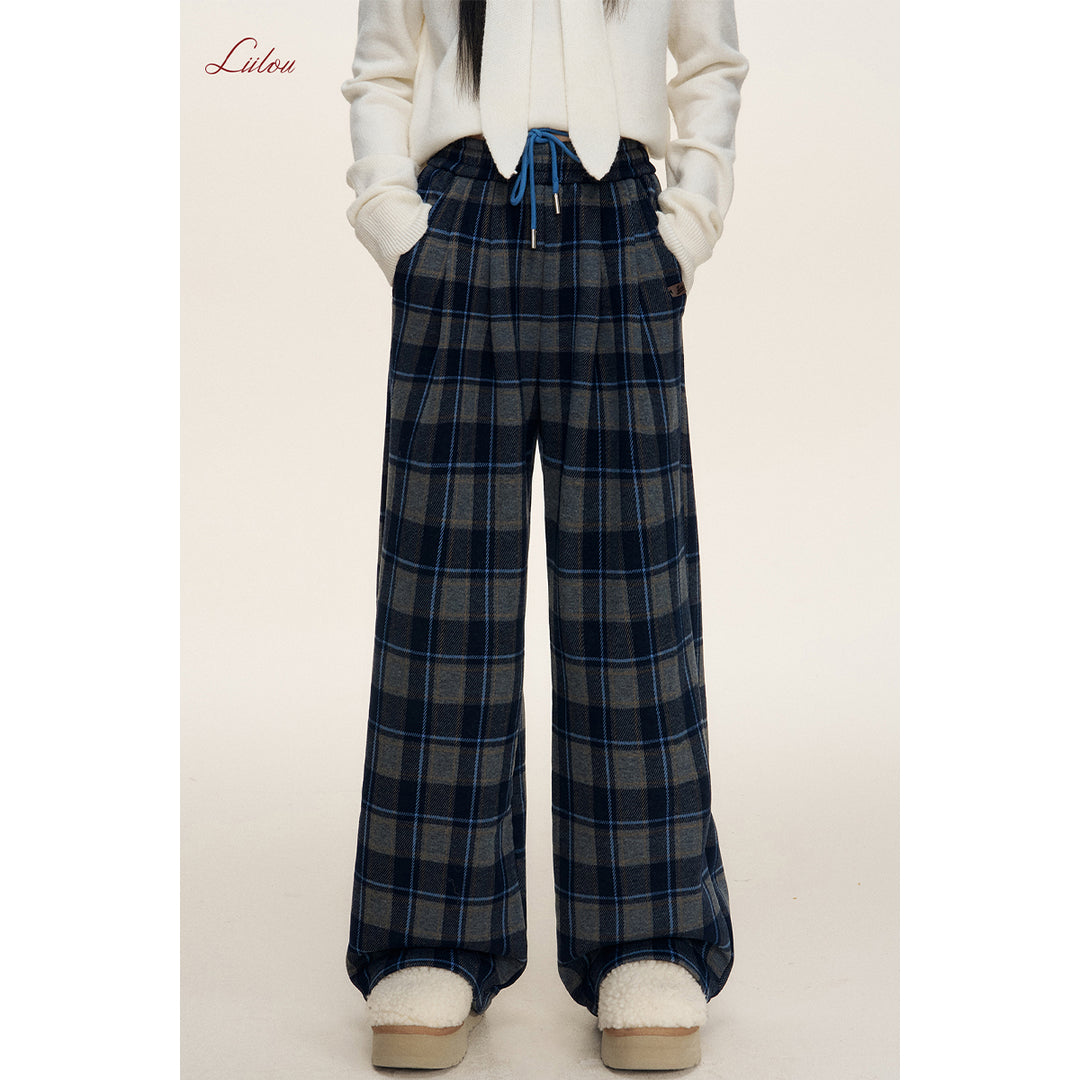 Liilou Contrast Color Plaid Tweed Thicken Casual Pants